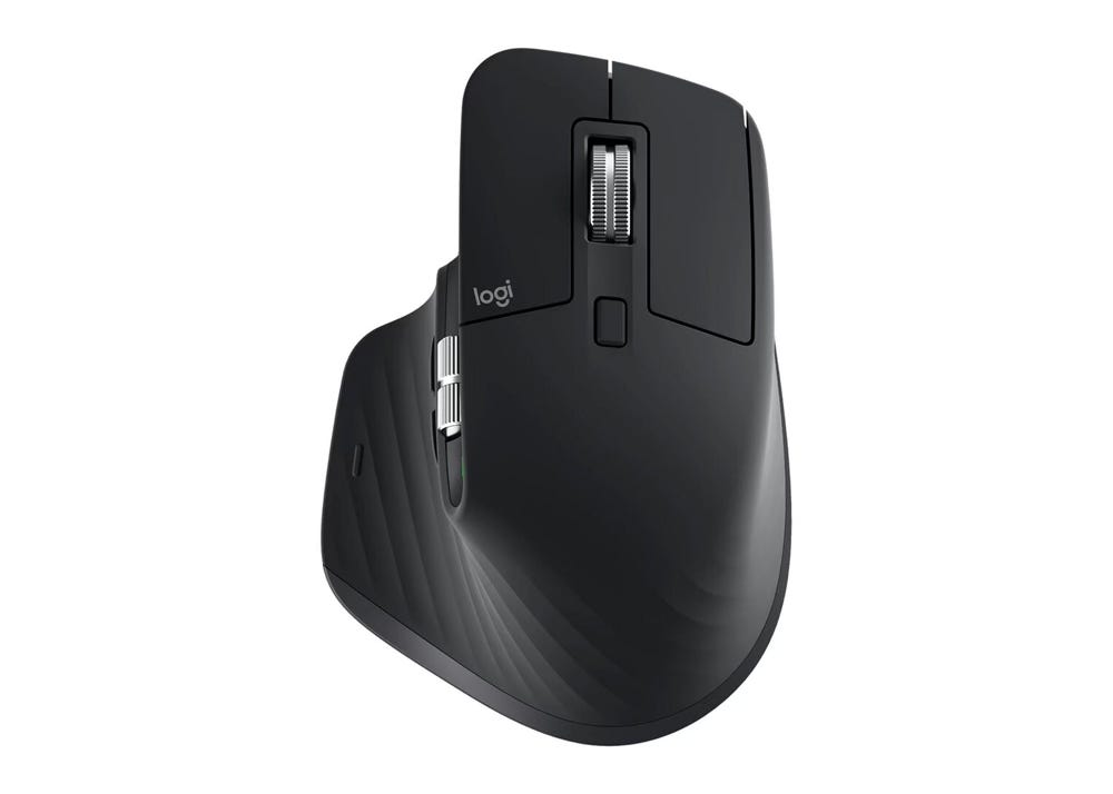 A black computer mouse with several buttons and scroll wheel, seen from a above.