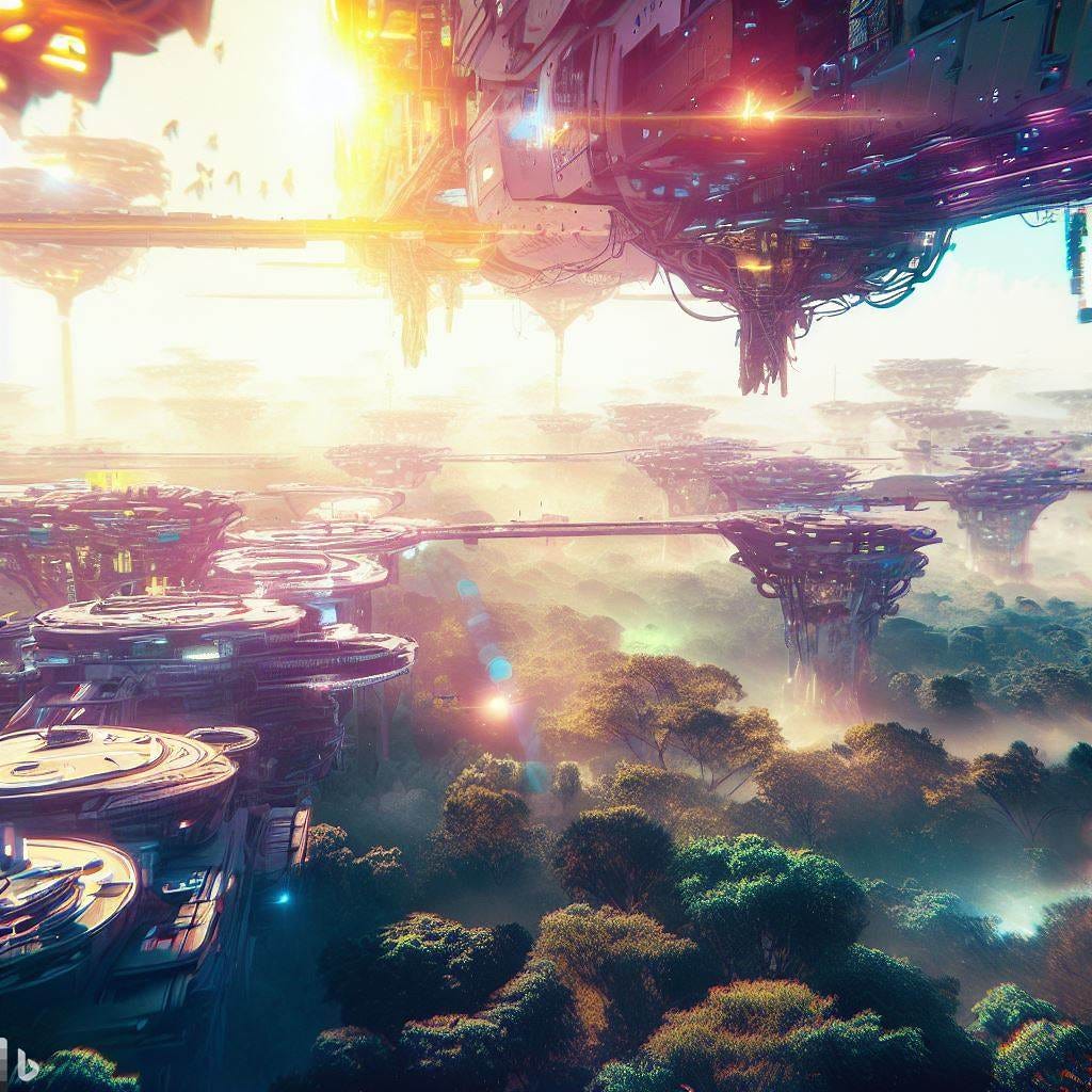 A bustling solarpunk metropolis that hovers above a vast expanse of alien forest. Experiment with aerial photography to capture the sprawling cityscape from above, showcasing the interconnected structures and vegetation. Play with vibrant and naturl lighting to enhance the futuristic and alive vibe. Focus on capturing the energy and activity of the alien inhabitants. 