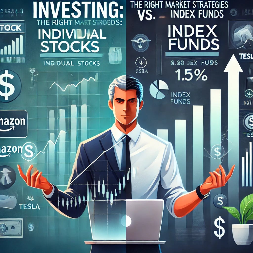 A visually appealing thumbnail for a financial blog post titled 'Navigating Stock Market Strategies: Individual Stocks vs. Index Funds.' The design features a split image: on one side, a confident investor analyzing stock charts with an upward trend, surrounded by images of popular stocks like Amazon and Tesla; on the other side, a serene figure with a laptop, symbolizing index funds, alongside a bar chart showing steady growth. The background includes elements representing financial growth, like dollar signs and upward arrows, with bold text overlay stating 'Investing: The Right Path for You!' in a modern font.