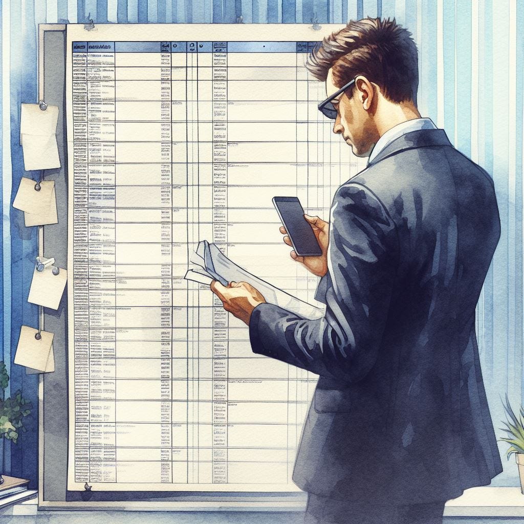A man in professional wear looking at a very long schedule, watercolor