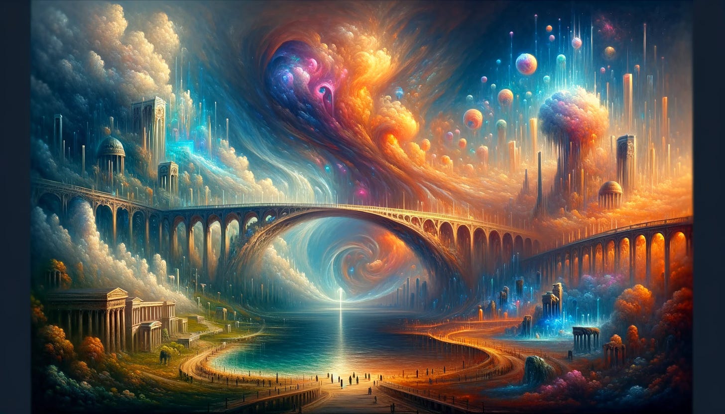 Imagine a widescreen oil painting from the Romantic era, depicting a bridge that serves as a boundary between two vastly different realms. On one side, the bridge begins in a realm of pure forms, where abstract geometry, forcefields, neon glass, and fractals dominate the landscape, creating an ethereal and surreal atmosphere. This side is characterized by its vibrant colors, glowing elements, and a sense of otherworldly beauty. The bridge itself is an architectural marvel, with no support pillars, appearing to float effortlessly. As it spans across, it transitions into the Roman Empire, where the environment shifts dramatically to a more down-to-earth setting. Here, the landscape is adorned with marble structures, classical Roman architecture, and lacks any form of abstract geometry. The bridge seamlessly blends these two contrasting worlds, symbolizing a connection between the mystical and the tangible. The overall scene is depicted with the lush, dramatic lighting and emotional depth characteristic of Romantic era oil paintings, capturing the viewer's imagination and inviting them to ponder the bridge's symbolic passage between the abstract and the concrete. The painting's wide format enhances the grandeur of the scene, emphasizing the vast distance the bridge covers and the profound impact of its existence.