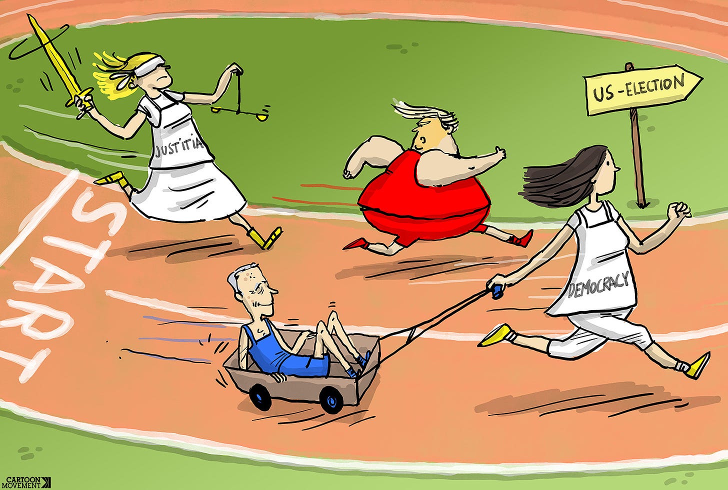 Cartoon showing a race track with Biden and Trump racing. Biden is in a cart pulled by a woman with a stash that says ‘Democracy’. Trump is chased down the track by Lady Justice.