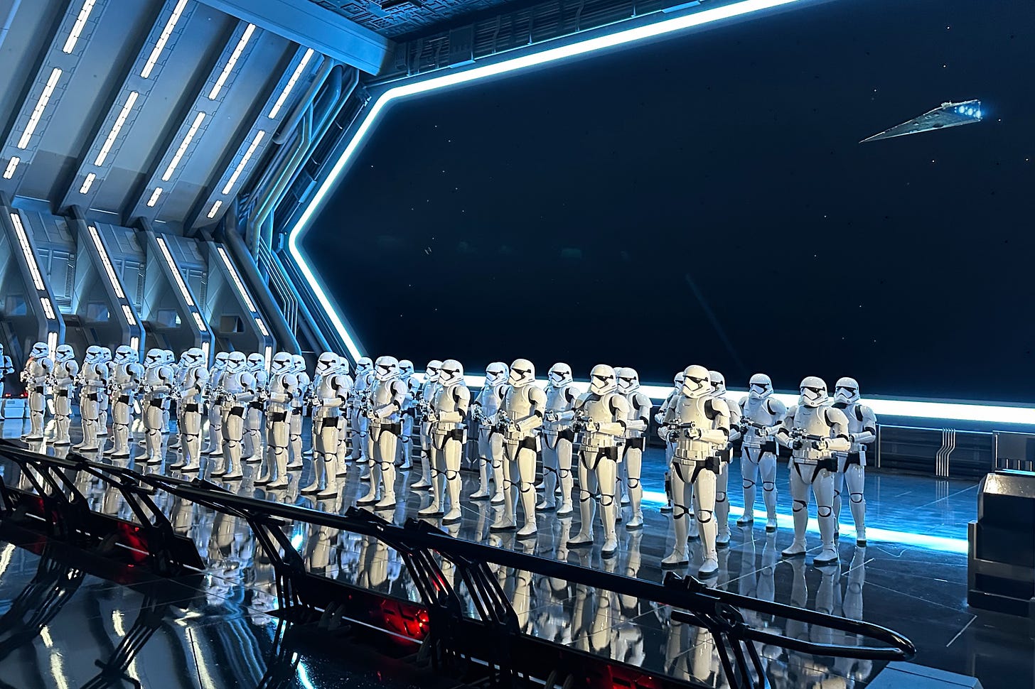 Imperial storm troopers inside the Rise of the Resistance ride in Star Wars: Galaxy's Edge at Disneyland