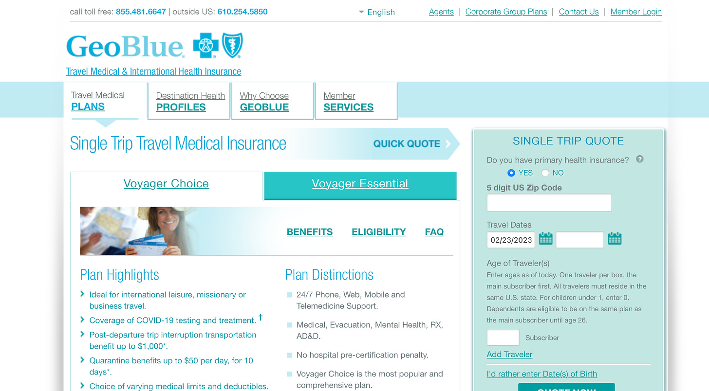 Screenshot of GeoBlue travel insurance homepage.