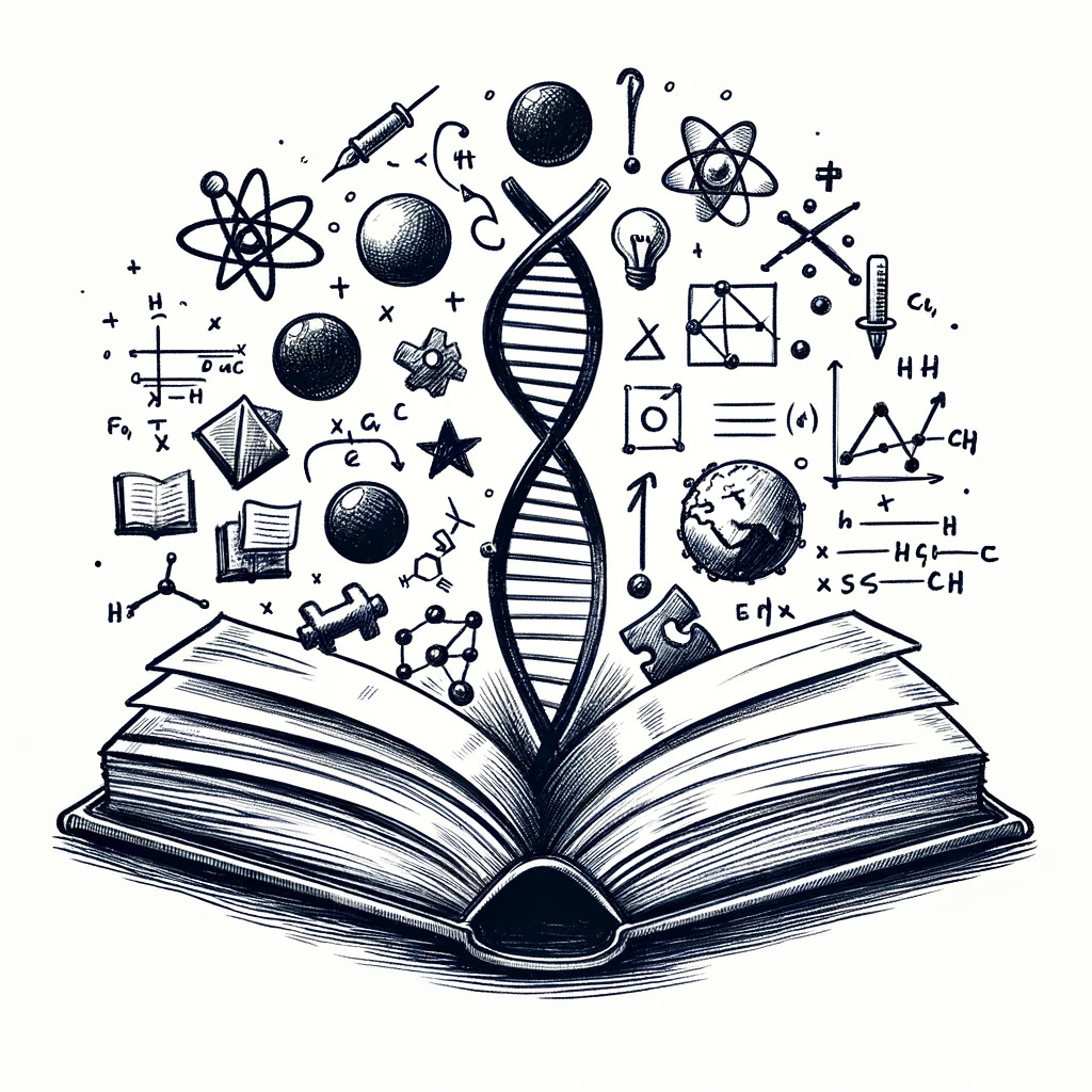 A simple hand-drawn illustration representing the concept of a 'Large Science Model'. Imagine a sketch that combines a few key elements to symbolize the integration of technology and science: a large, open book signifying knowledge, with symbols like a DNA helix for biology, an atom for chemistry, a mathematical equation for mathematics, and a small planet or star for astrophysics, emerging from its pages. The drawing should convey a sense of curiosity and the foundational role of large models in advancing scientific inquiry, depicted in a straightforward, sketch-like style that emphasizes clarity and the essence of scientific exploration.