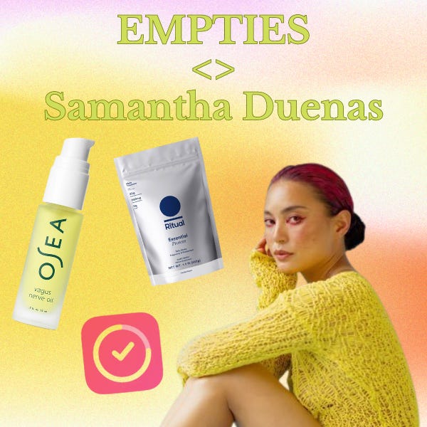 Samantha Duenas alongside Osea vagus nerve oil, Ritual protein powder, and a habit tracking app