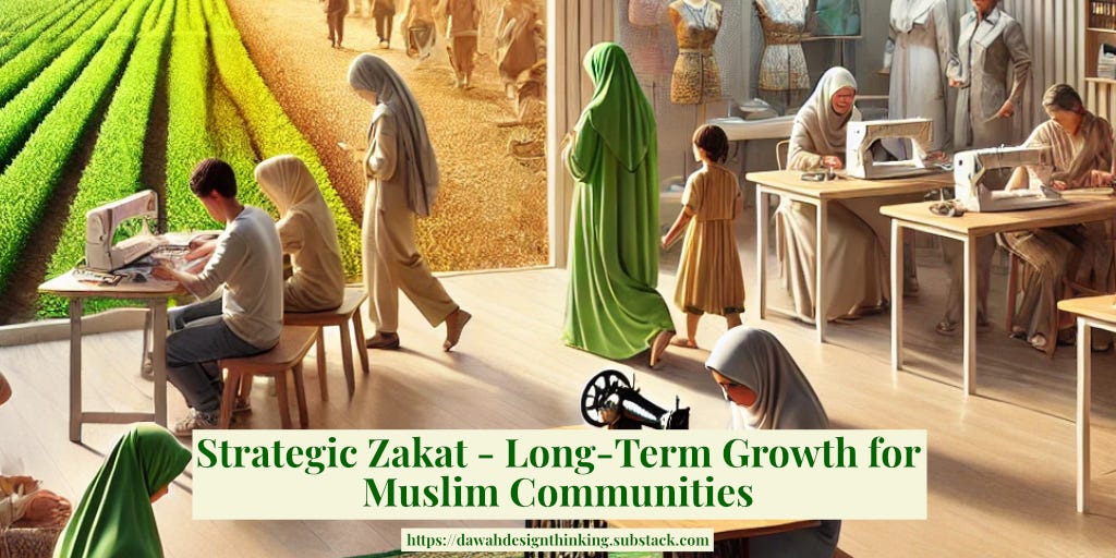 Image showing a vibrant Muslim community engaged in skill-based activities like tailoring, farming, and education, symbolizing Zakat's impact on empowerment and growth