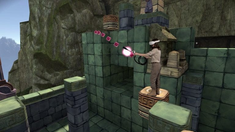 A player on a platform collecting gems floating in the air