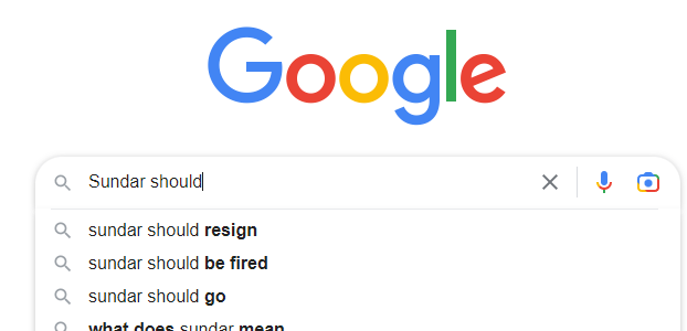 Screenshot of Google autocomplete saying "Sundar should resign /  be fired / go"
