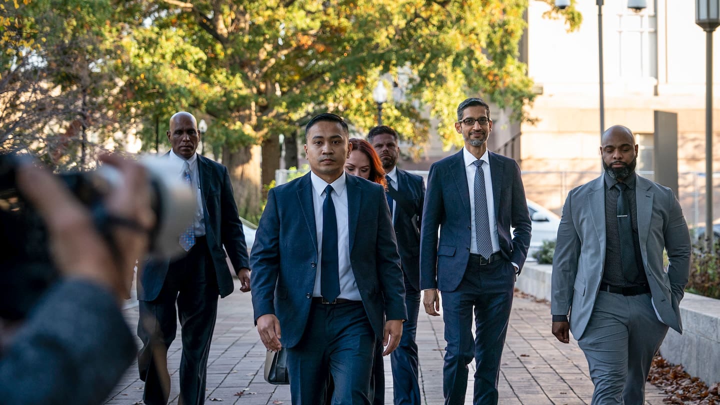 Sundar Pichai, Google's chief executive, second from right, arriving to testify at an antitrust case against Google in Washington DC last year. Photo / Haiyun Jiang, The New York Times