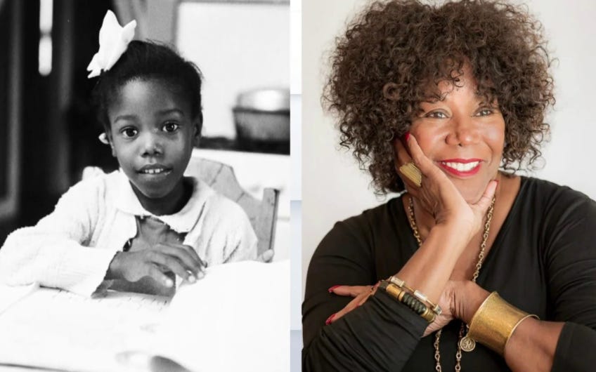 A black-and-white-photo of 6-year-old Ruby Bridges, among the first Black children to integrate a white school, at a desk next to a photo of 66-year-old Ruby Bridges, who turned 70 in September 2023