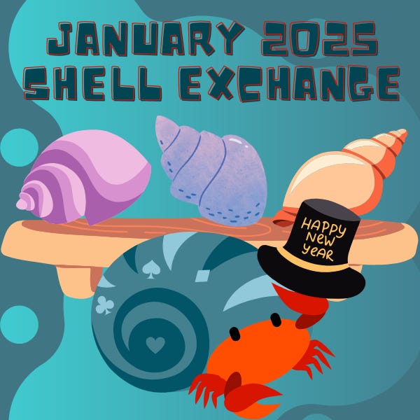 January 2025 Shell Exchange: Crabby holding a Happy New Year hat