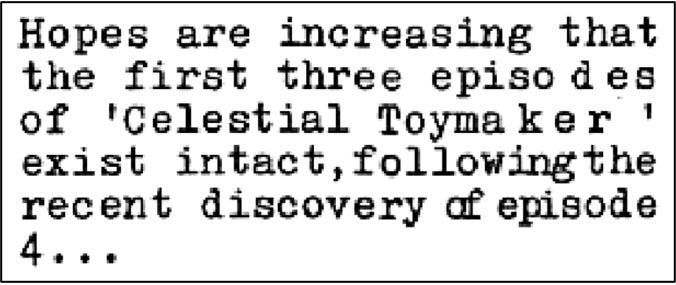 Fanzine cutting reporting hopes that the first three episodes of The Celestial Toymaker may exist.