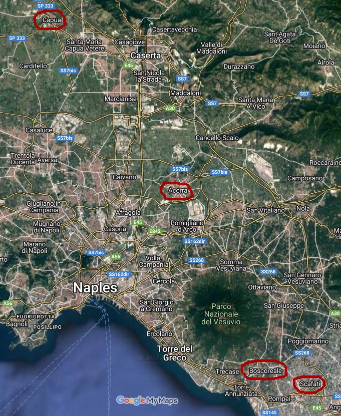 Google Maps with red circles around Scafati, Boscoreale, Acerra, and Capua to show the distances between the and their proximity to Mount Vesuvius.