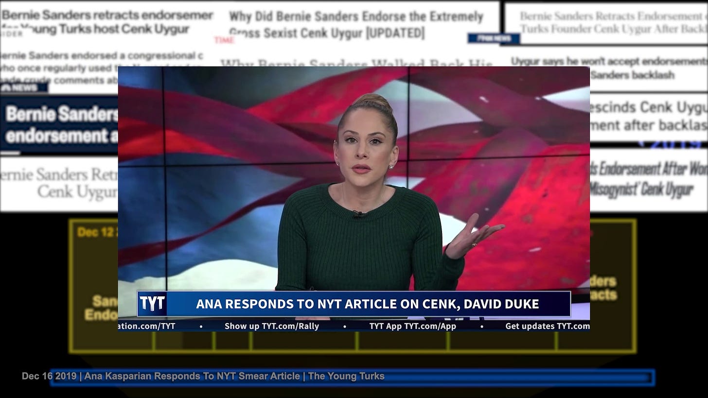 Ana Kasparian appearing addresses the smears Cenk Uygur received from the NY Times and other mainstream outlets in front of a background of a variety of headlines announcing Bernie Sanders withdrawing his endorsement of Cenk Uygur