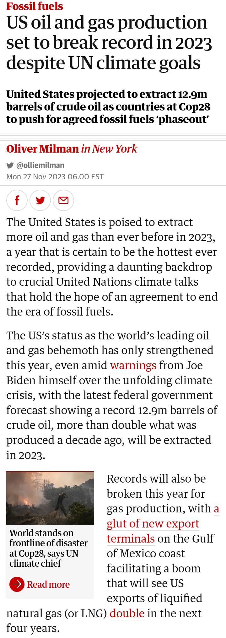 Guardian article "US oil and gas production set to break record in 2023"
