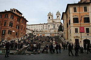 Keats–Shelley Memorial House, at right with a red sign, by the Spanish Steps in Rome