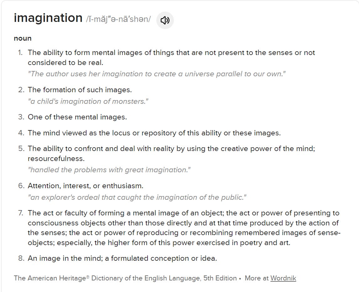 Definition of the word imagination from the American Heritage Dictionary.