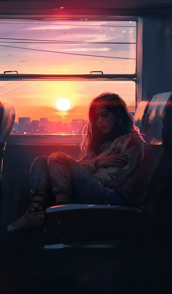 Download wallpaper girl, the sun, sunset, art, bus, art, Aenami, by Aenami,  section art in resolution 600x1024