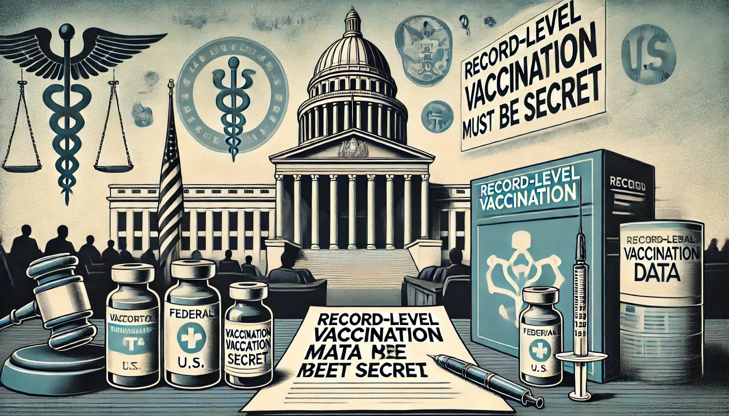 Create cover art for an article titled 'Record-level vaccination data must be kept secret.' The image should depict a serious tone, with a background of a U.S. federal courthouse. In the foreground, include elements like medical records and vaccination vials, with a subtle reference to legal consequences such as handcuffs or a gavel. The title of the article should be clearly displayed, using bold, professional typography.