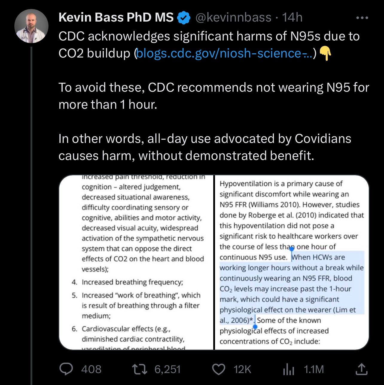 kevin bass making an outright fictional statement that N95s are somehow harmful and cause CO2 buildup