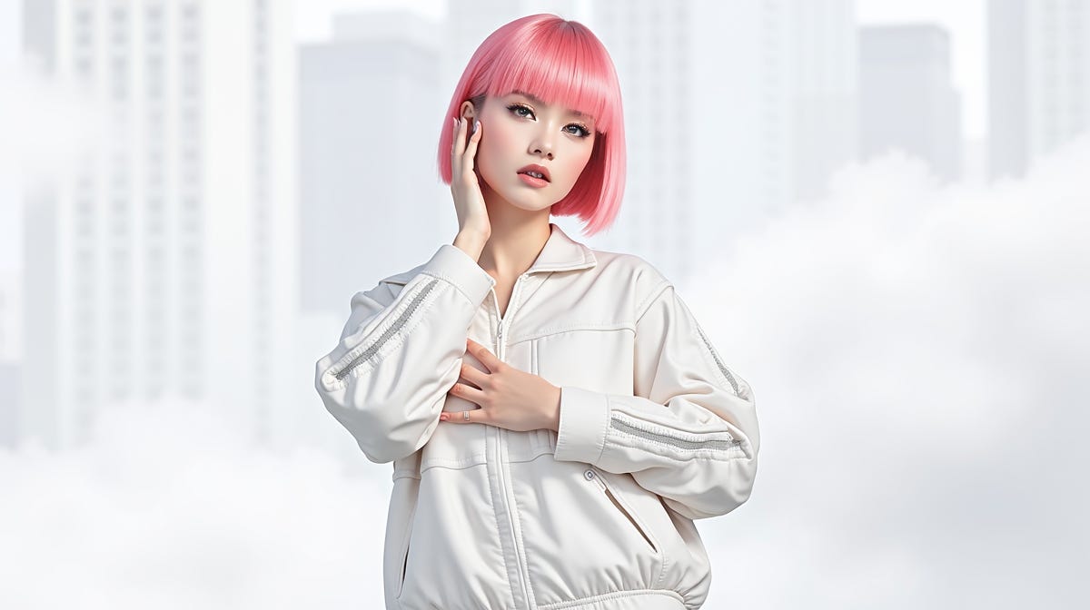 Asian woman in a white zip-up jacket and pink hair in front of a white background