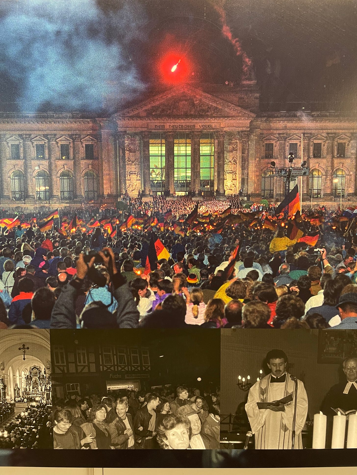 A large crowd gathers in front of the Reichstag in Berlin at night, waving German flags under a sky lit by red flares. Below, black-and-white photos show peaceful protests, candlelit vigils, and clergy leading services—moments from the East German uprising and unification period. A large crowd gathers in front of the Reichstag in Berlin at night, waving German flags under a sky lit by red flares. Below, black-and-white photos show peaceful protests, candlelit vigils, and clergy leading services—moments from the East German uprising and unification period.