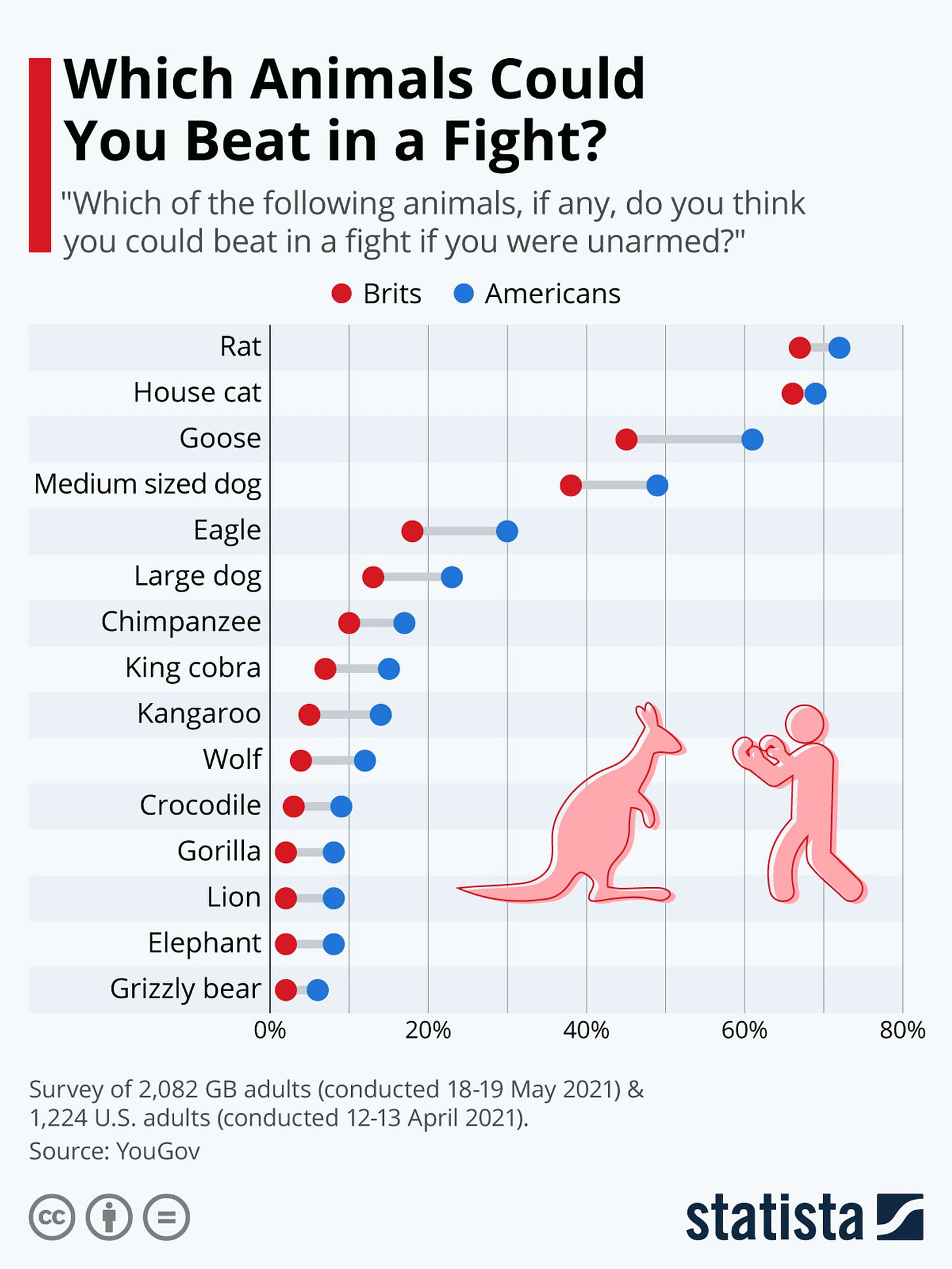 Une enquête YouGov de 2021 a posé cette question à des adultes britanniques et américains et, comme le montre notre infographie, certaines des personnes interrogées ont encore beaucoup d'imagination lorsqu'elles envisagent les scénarios. Cela est encore plus vrai aux États-Unis où, par exemple, 8 % des personnes interrogées ont déclaré qu'elles pensaient pouvoir battre un gorille. Un gorille, à mains nues. Plus réalistes, près de 70 % des personnes interrogées dans les deux pays se disent capables de vaincre un chat domestique dans un combat à mains nues. Un rat, probablement un client difficile pour la plupart des adversaires, a néanmoins inspiré le plus de confiance, 72 % d'entre eux affirmant qu'ils sortiraient victorieux de l'épreuve.  