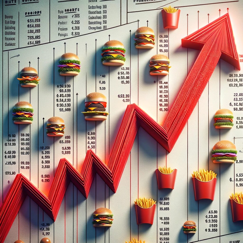 A creative visualization showcasing a rising red line that seamlessly transforms into an arrow pointing upwards at the end, symbolizing growth or increase. This unique line weaves through an assortment of fast food items with clearly marked prices next to each, representing a menu. The prices are depicted in a way that they seem to gradually increase along with the trajectory of the red line, illustrating the concept of rising costs in the fast food industry. The background is designed to resemble a menu board, enhancing the overall theme of the image. The illustration is detailed, with the fast food items looking realistic and the red line and arrow drawn in a bold, eye-catching manner.