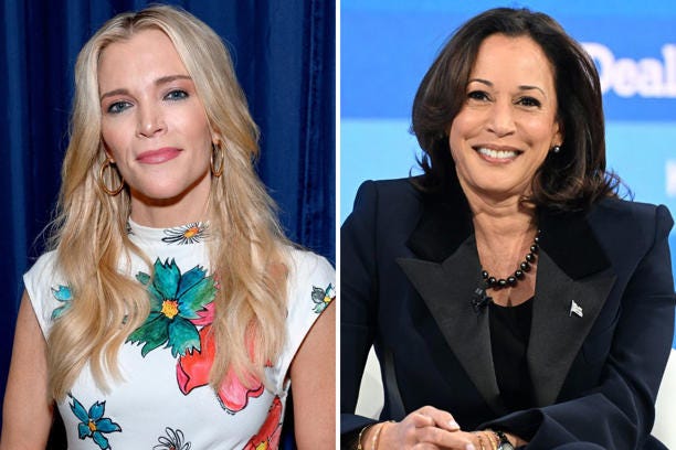 Megyn Kelly attends the 10X Ladies Empowerment Seminar on August 5, 2023, in Aventura, Florida, and Vice President Kamala Harris speaks onstage during The New York Times Dealbook Summit on November 29, 2023, in New York City. Kelly has said Harris “slept her way” into politics.