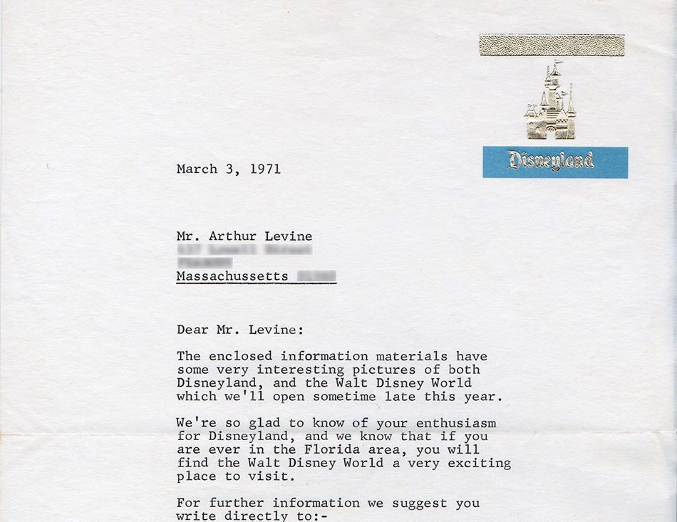 Disneyland letter to Arthur Levine