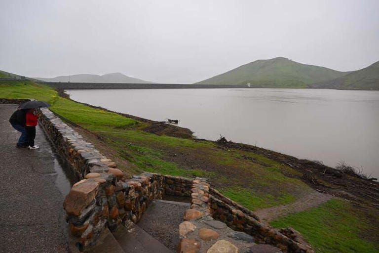 Lake Success just behind Schafer Dam on the Tule River, shown here during a winter storm in 2023. ((Patrick T. Fallon / AFP/Getty Images))