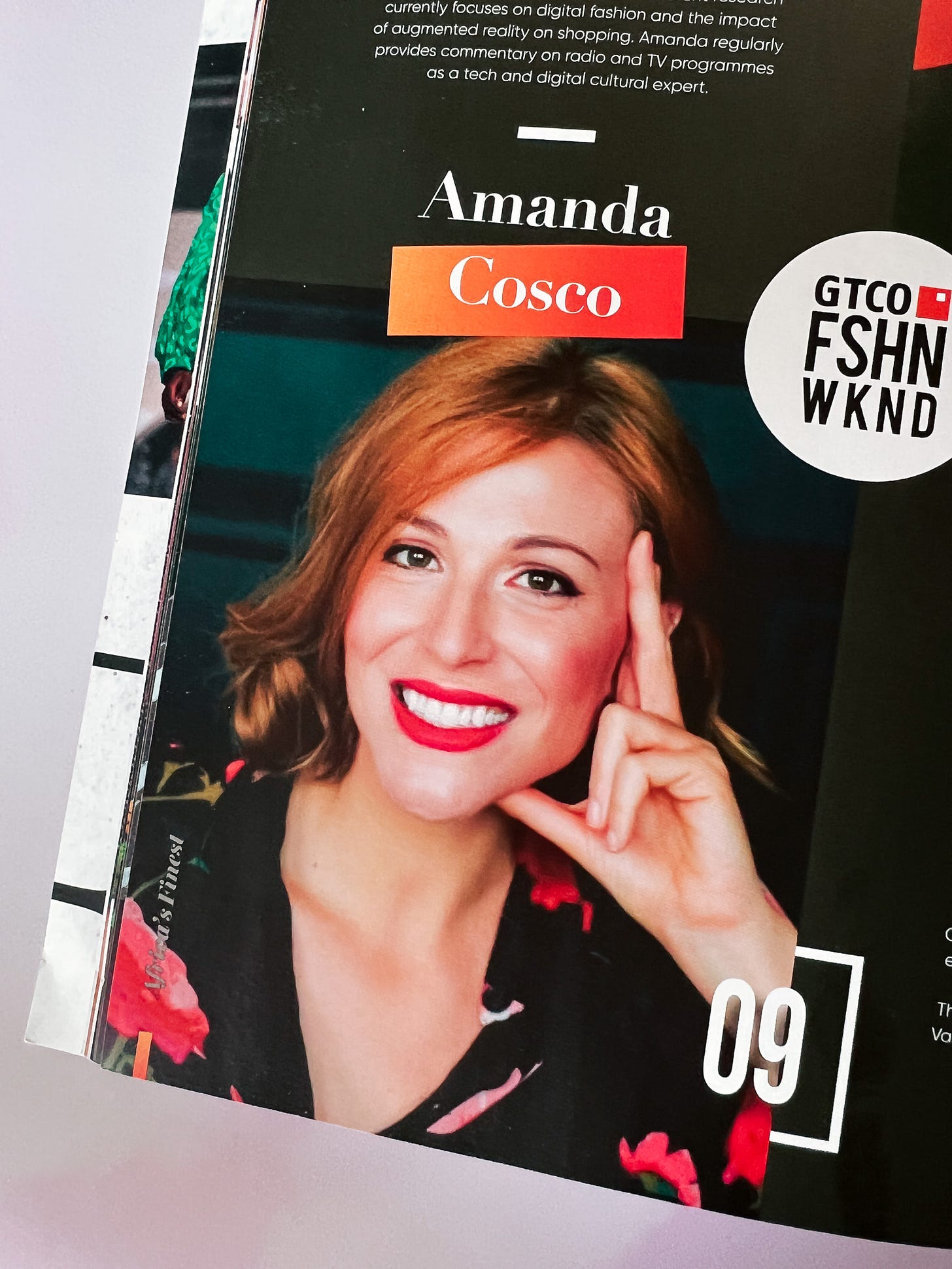 Image of GTCO Fashion Weekend Magazine Opened to page with Amanda Cosco's headshot and bio