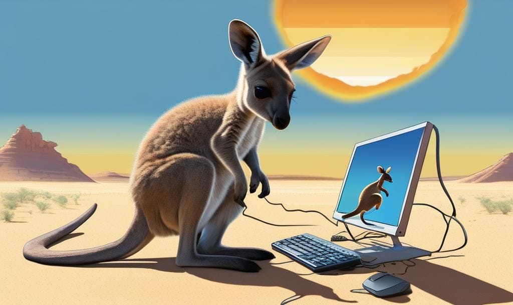 A baby kangaroo typing on a computer in a desert scene under a bright sun