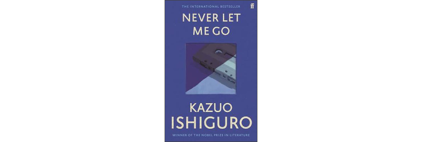 The cover of "Never Let Me Go" by Kazuo Ishiguro. A small inset square shows a stylised image of an audio cassette.