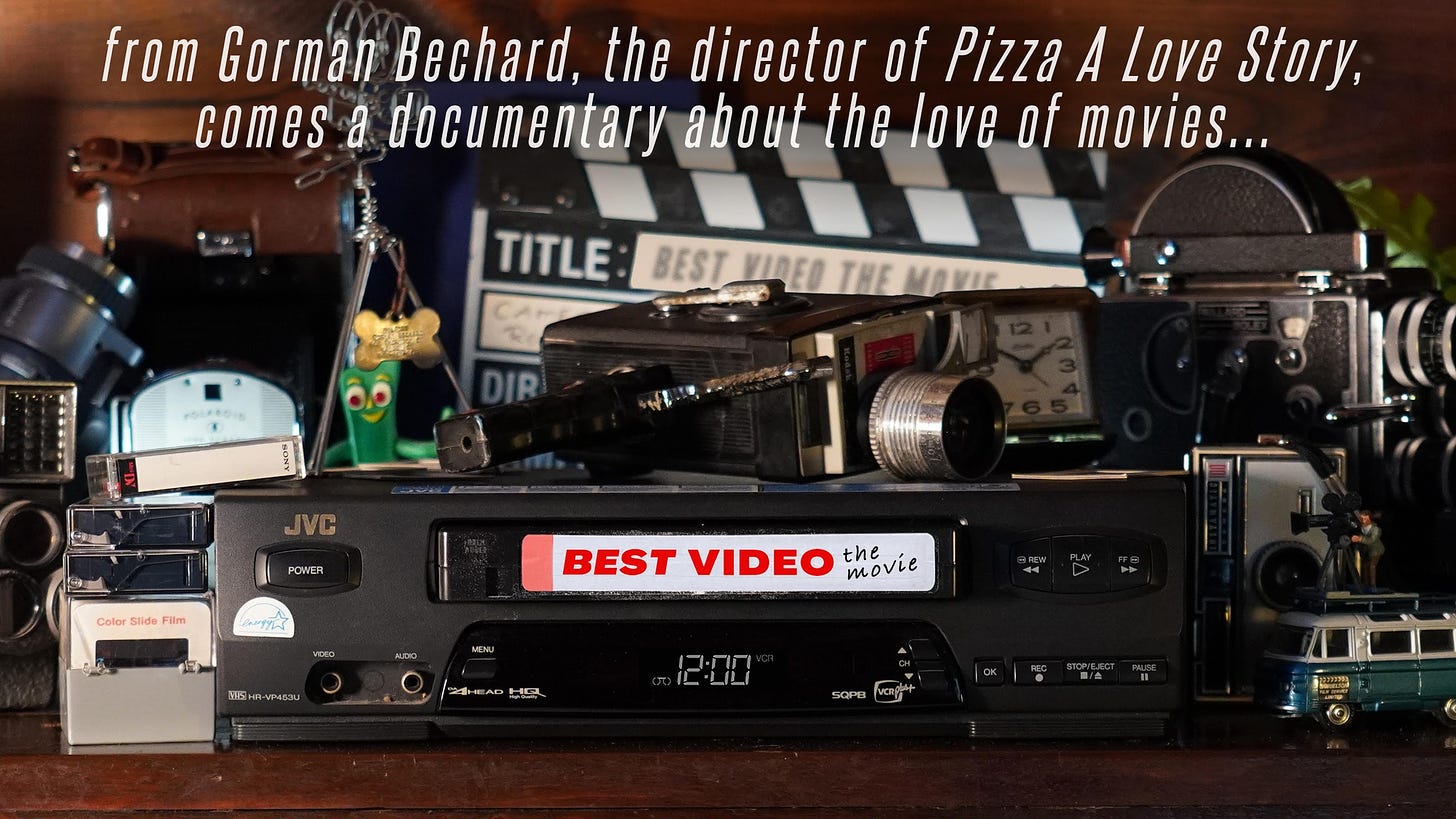 May be an image of television, speaker and text that says 'from Gorman Bechard, the director of Pizza A Love Story, cOmeS a documentary about the love of movies... TITLE BEST VIRED THE MAVIE POWER Color Slide Film AUDIO BEST VIDEO the movie -VP453U E 12:00'