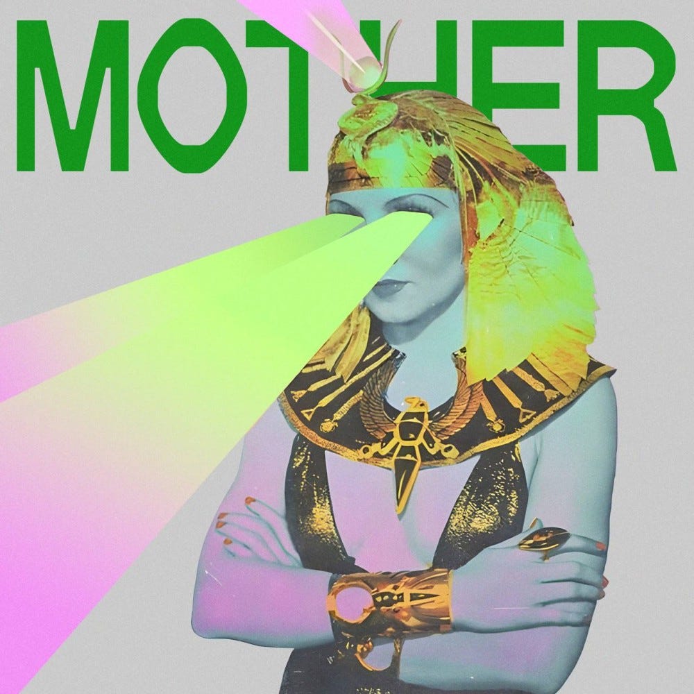 Podcast 'MOTHER' promotional banner showing a female pharaoh with shining light from eyes