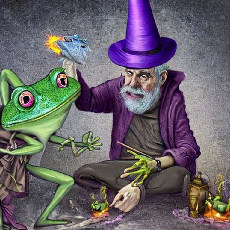 A wizard with frog hands sitting cross-legged next to a giant frog