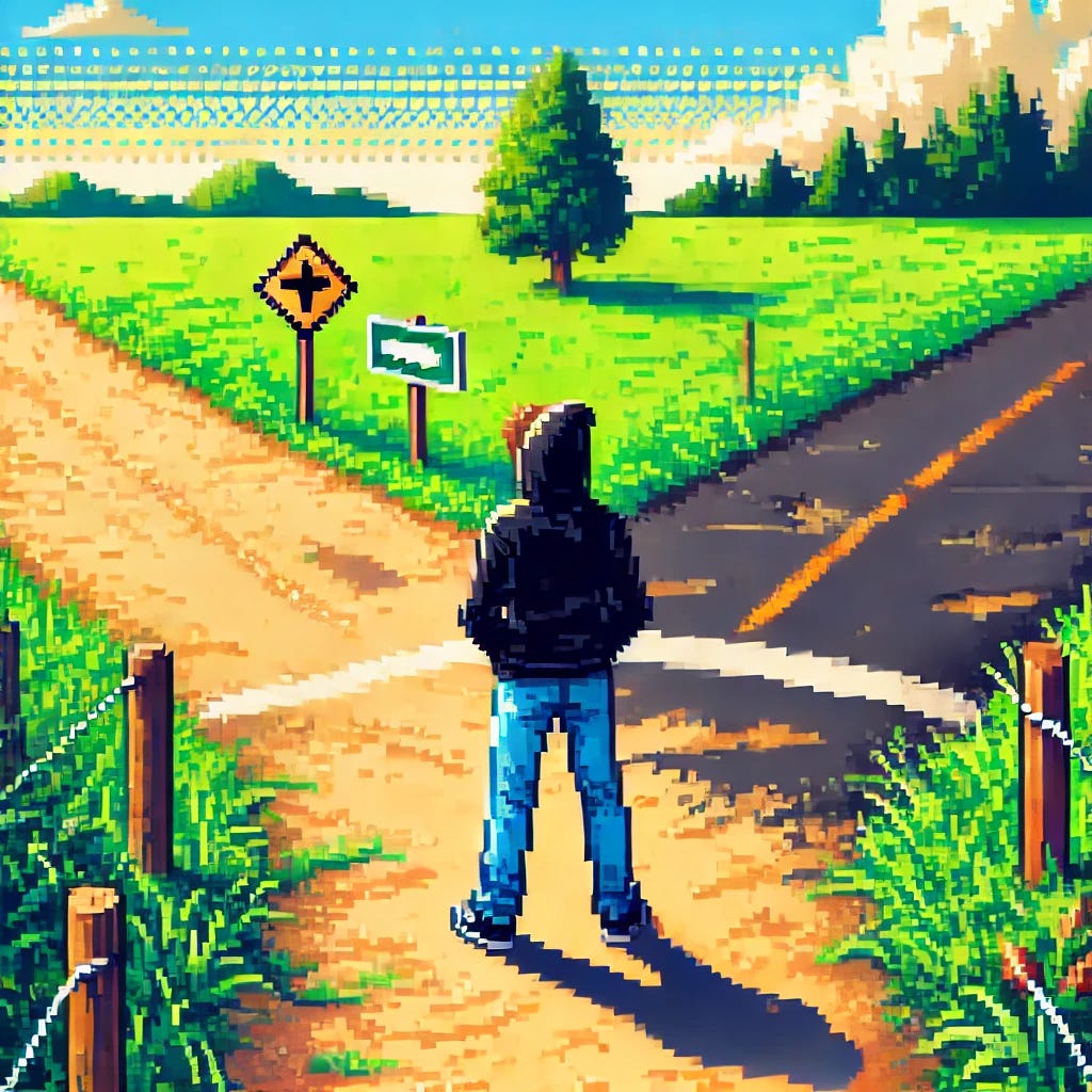 Create an eighties pixel art style image of a young boy in a black hoodie and blue jeans at a countryside crossroads. He is standing and deciding between two roads: one road is bright and inviting with vibrant colors, while the other road is broken, desolate, and in black and white. Add more details to the crossroads, such as a signpost, and enhance the contrast between the two paths. The scene is surrounded by greenery, with a clear blue sky overhead.