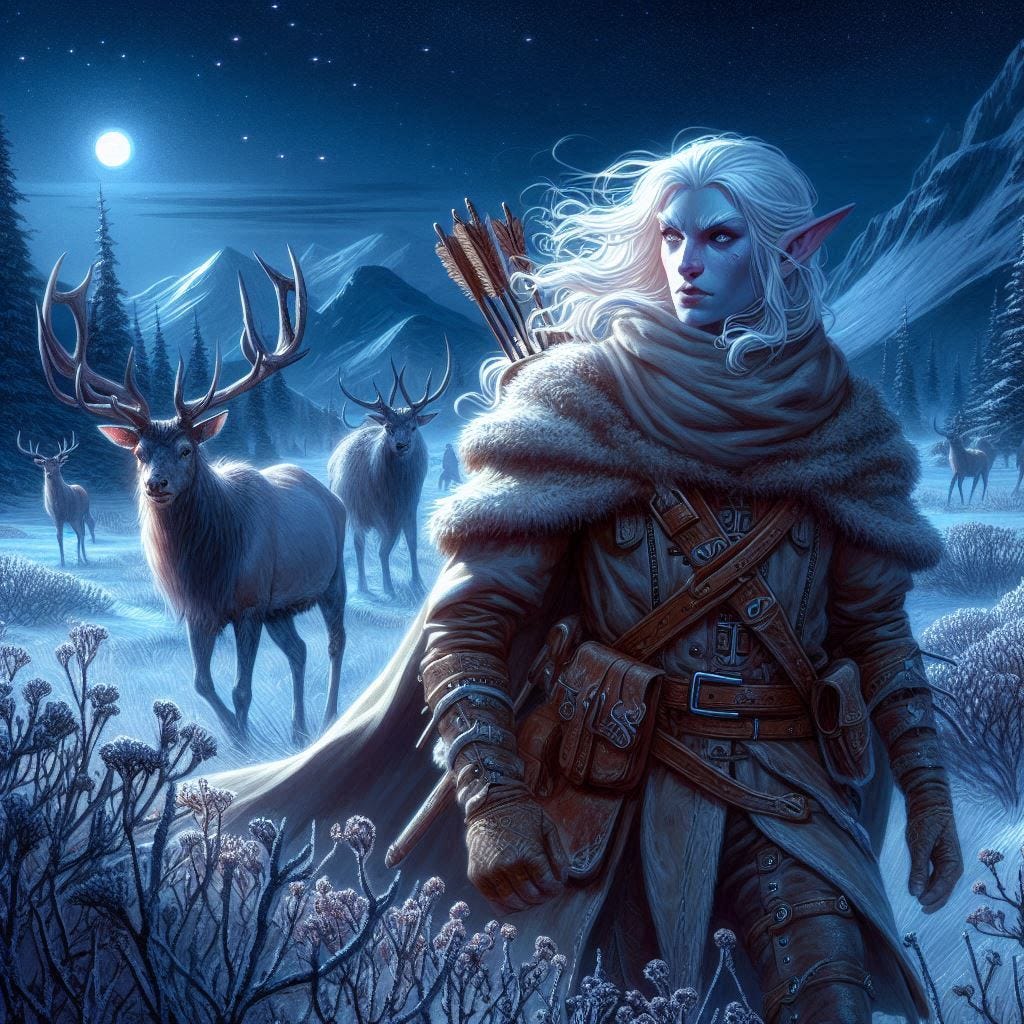 albino elf in a tundra at night with elk in the background, dungeons and dragons fantasy drawing