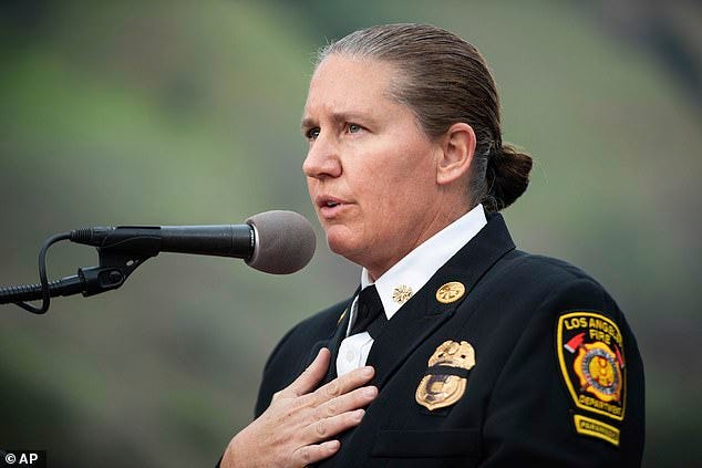 Los Angeles Fire Chief Kirstin Crowley (pictured) has blasted the city's mayor Karen Bass for 'failing' fire crews and communities devastated by the ongoing wildfires