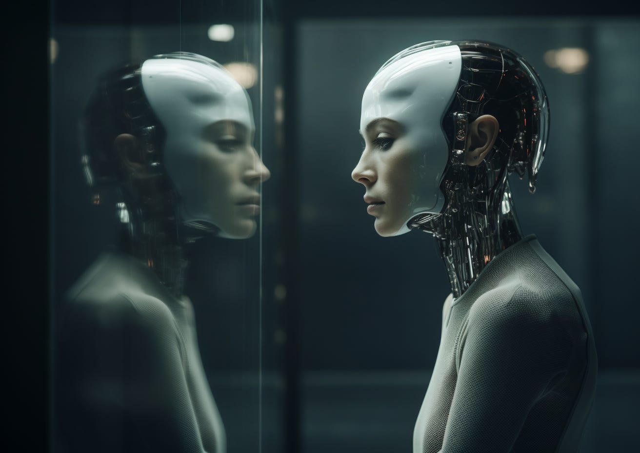 A humanoid robot contemplates its reflection in a mirror