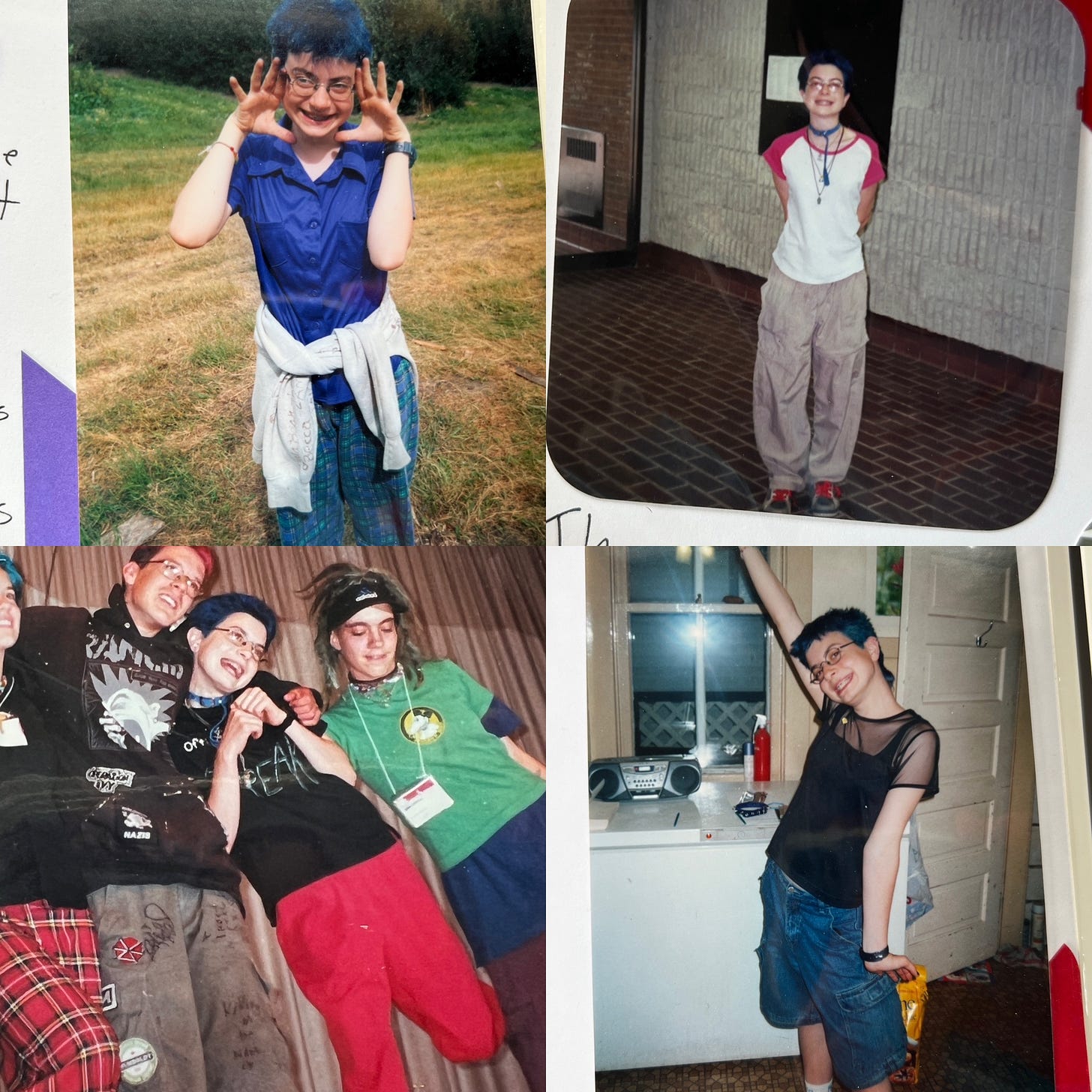 Four photos of the author aged roughly 14 to 16, always with short blue hair and glasses but in a variety of bright clothes. Very 90s and early oughts aesthetic. 