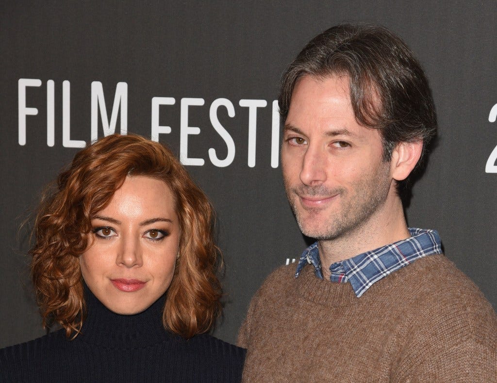 Actress Aubrey Plaza (L) and director Jeff Baena attend 'The Little Hours' premiere during day 1 of the 2017 Sundance Film Festival at Library Center Theater on January 19, 2017 in Park City, Utah.