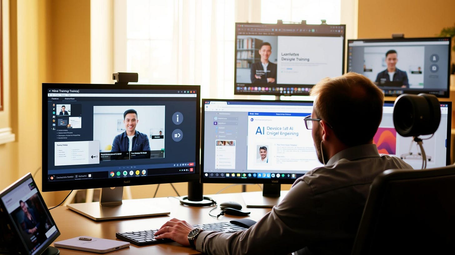 A man with short brown hair and glasses sits in an office chair at a desk with four computer monitors