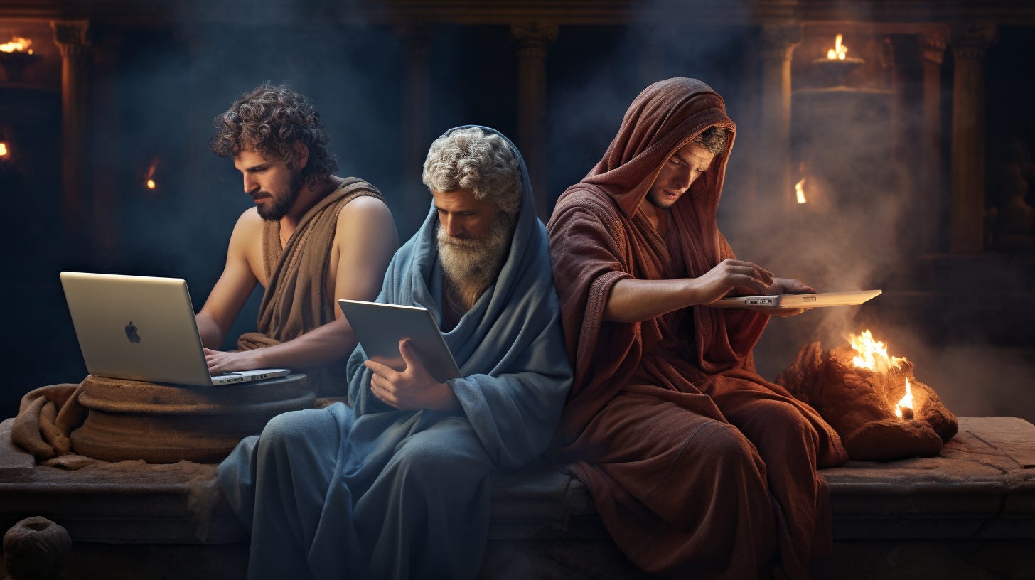 three ancient Romans from around 100 BC sitting in a spa, each on their own smartphone or laptop. Two of them appear to be scrolling through social media or messaging apps, while the third appears to be working on a laptop. In the background, warm steam rises from the spa water, and in the distance, you can see the rolling hills of the Italian countryside. The scene is lit by warm, natural light, giving it a realistic and historical feel