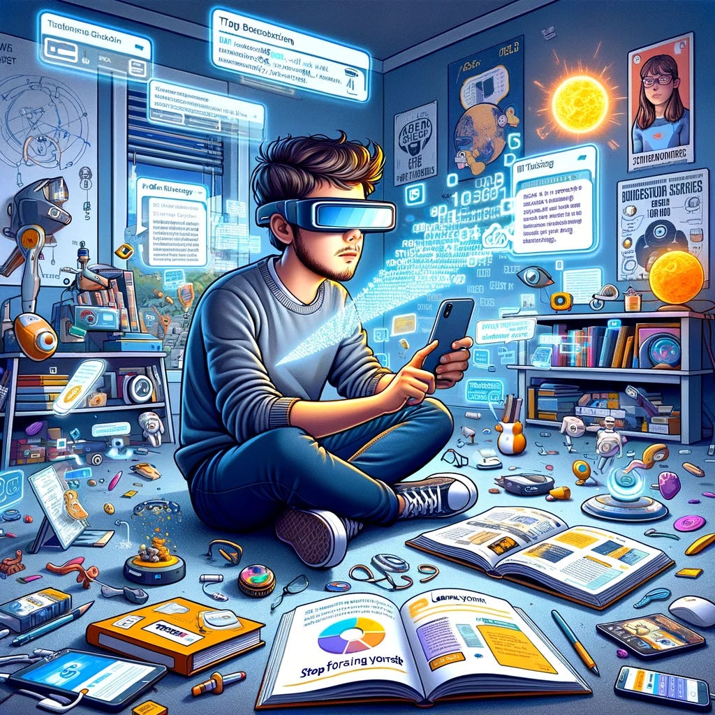 Create another humorous and engaging image for a newsletter, showcasing the theme 'How a Techie learns new Things 💡Stop forcing yourself and start exploring' with a new variation. This time, imagine a character deeply engrossed in an augmented reality (AR) learning environment, where digital information overlays the physical world around them. The character wears AR glasses and interacts with floating 3D models of technology and science concepts, like a holographic code snippet, a virtual solar system, and interactive 3D models of gadgets. Alongside, a smart assistant device projects educational videos, and e-books lay scattered, opened to pages with QR codes that link to online resources. The room is filled with posters of tech innovators and motivational quotes about continuous learning and innovation. This scenario emphasizes a dynamic and interactive approach to learning, highlighting the seamless integration of technology into the process of exploring new knowledge. Render the image in a playful, cartoonish style, focusing on the excitement of learning through cutting-edge technology, and illustrating the techie's curiosity and engagement with the material in a vibrant, visually stimulating environment.