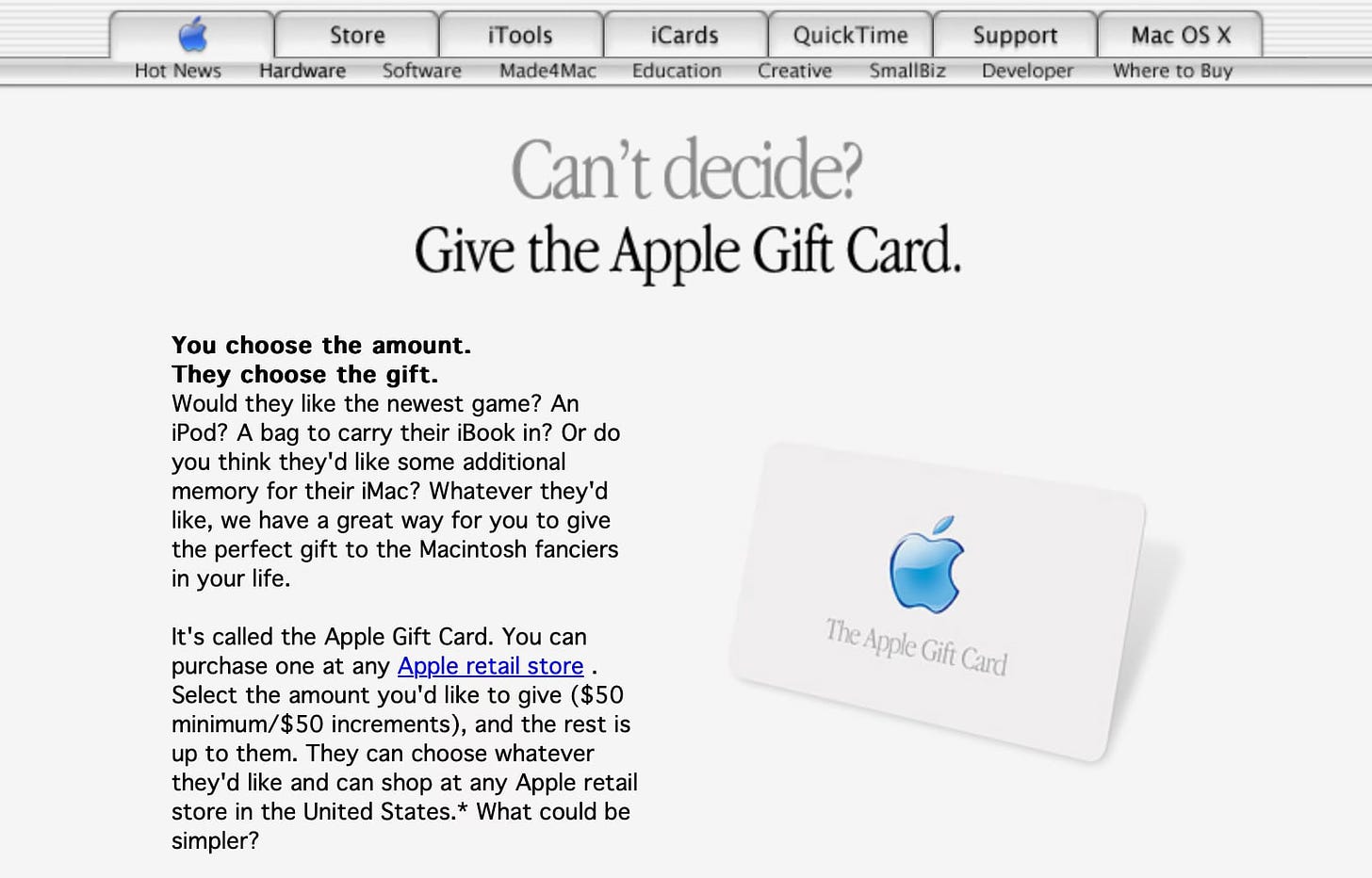 A screenshot of the Apple Gift Card webpage in 2001.
