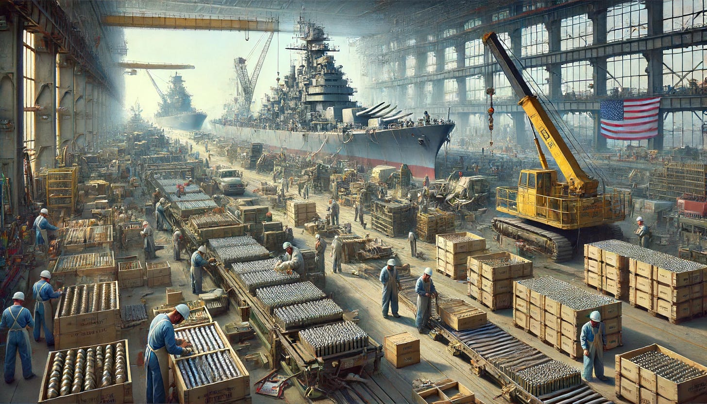 A bustling scene showing munition production and shipyards being refurbished. On one side, workers in protective gear operate machinery to assemble ammunition, with conveyor belts and stacks of crates filled with bullets and shells. On the other side, a large shipyard is under refurbishment, with cranes lifting heavy materials, welders working on ship hulls, and scaffolding surrounding partially built ships. The background shows a mix of completed ships docked and others in various stages of construction. The overall atmosphere is industrious, with a sense of urgency and coordinated effort.