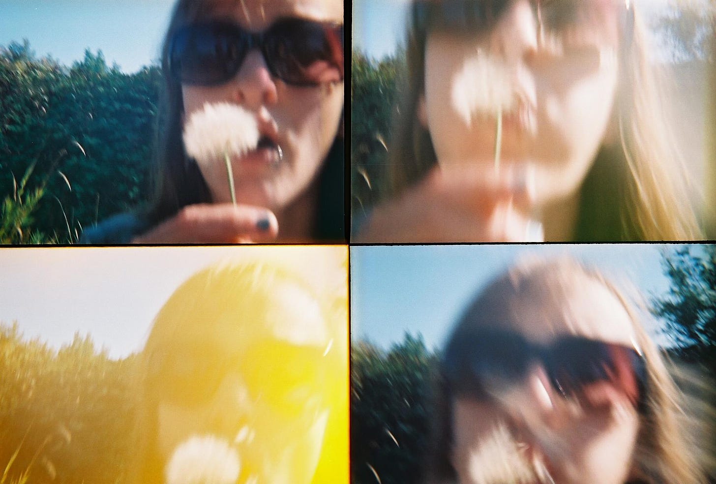 A four-framed photo of Sarah, circa 2008, blowing on a dandelion.